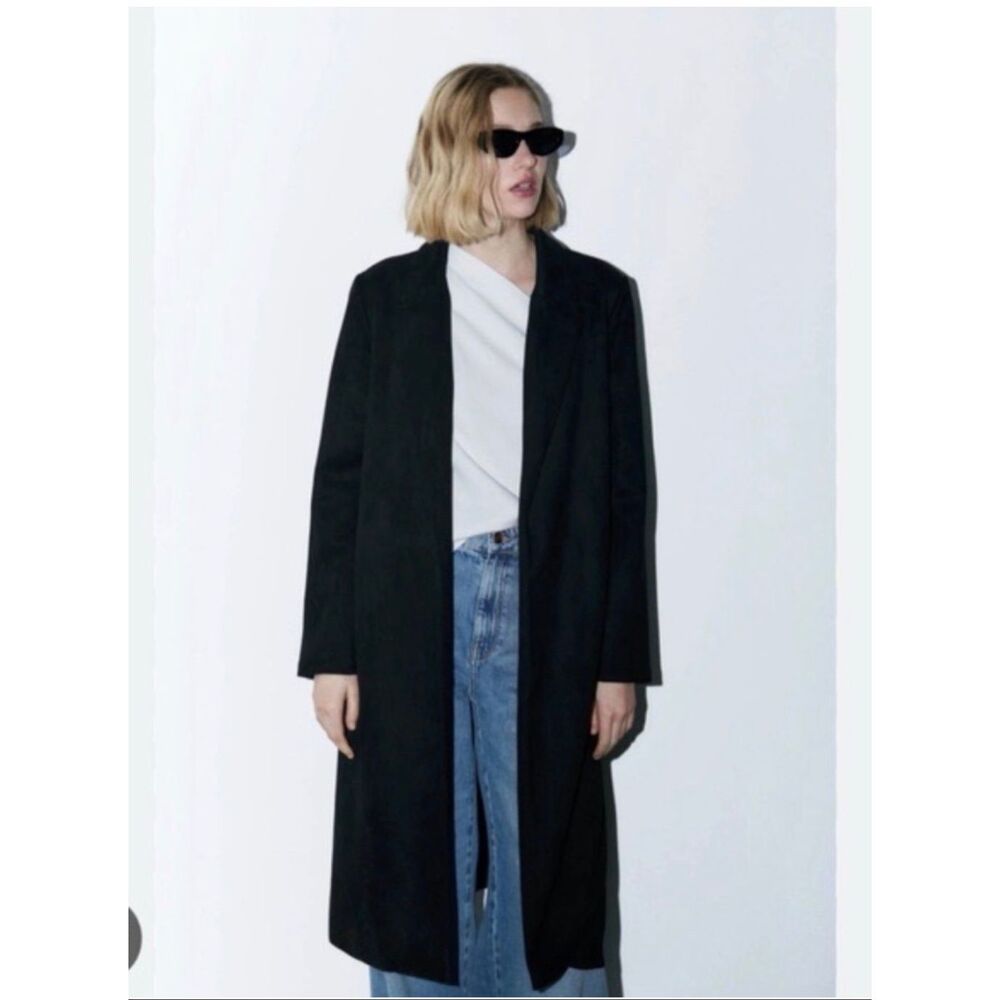 Zara Long Black Faux Suede Open Front Trench Style Coat Jacket, Women’s Size Med